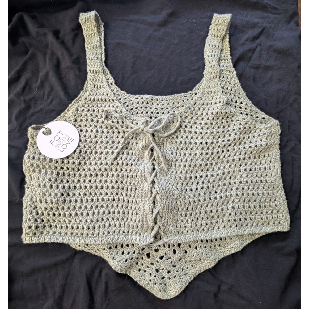 FCT With Love Top Sage Green Knit Cropped Crochet Sleeveless Women’s Large NEW
